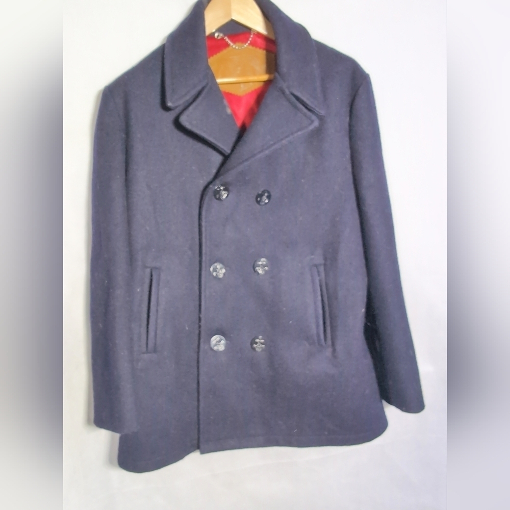 Vintage Woolrich Wool Men's Navy Peacoat Sz 40 Leather Tag Some Defects